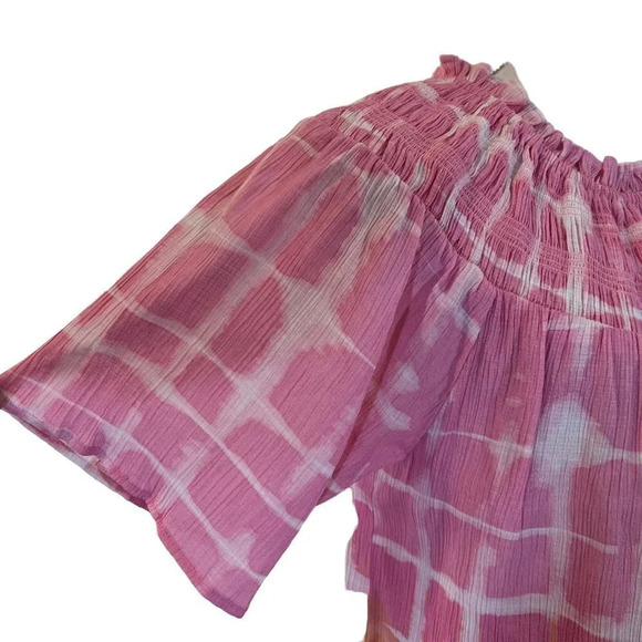 Zac & Rachel Blouse XL Abstract Watercolor Pink Orange Smocked Ruffled Neckline - Picture 5 of 8